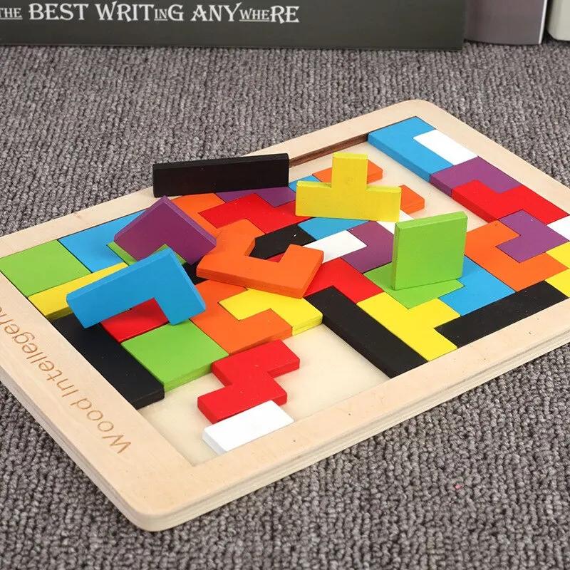 Blocs en bois Puzzle casse-tête jouet Tangram Puzzle Intelligence coloré 3D blocs russes Montessori