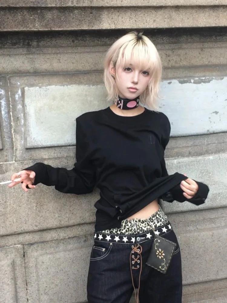 Genayooa gothique Vintage T-shirt femmes à manches longues bouton Y2k rétro noir Grunge hauts Street