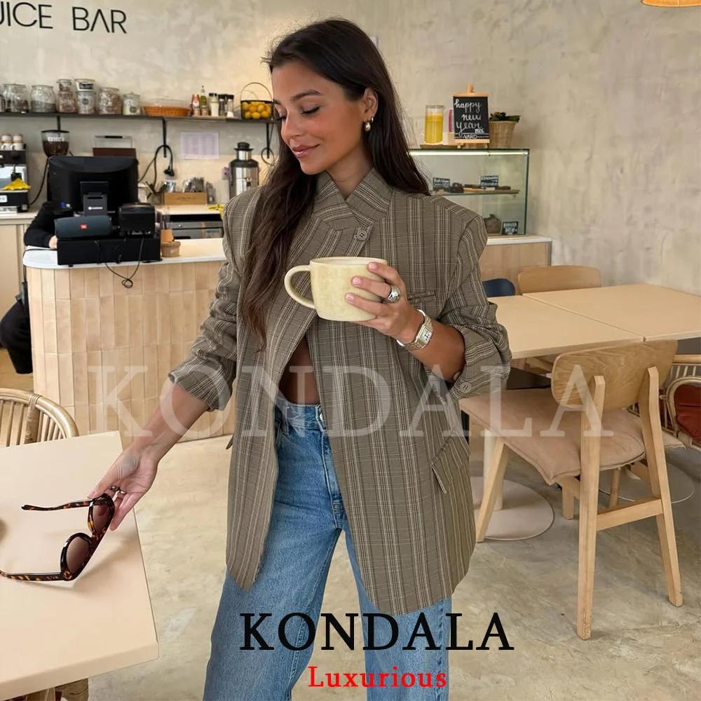 KONDALA Blazer Chic à Carreaux pour Femme, Coupe Oversize, Bouton Unique, Fente Avant, Tendance Prin