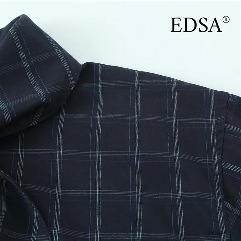 EDSA chemise à carreaux bleu marine pour femmes avec poche carrée pour bureau dame simple boutonnage