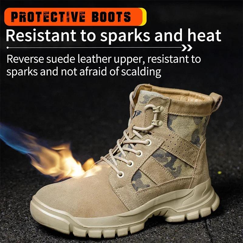 Bottes de sécurité anti-brûlure pour hommes, en daim de vache, légères, avec embout en acier, chauss
