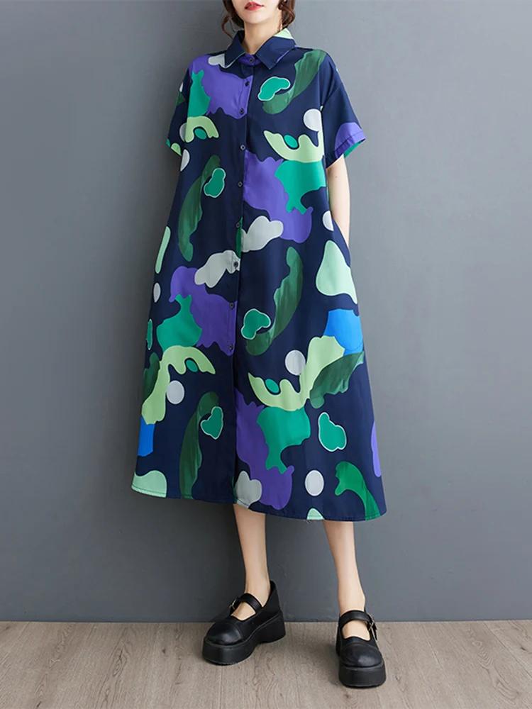 Robe chemise Vintage imprimée Patchwork pour femmes, manches courtes, ample, décontractée, mi-longue