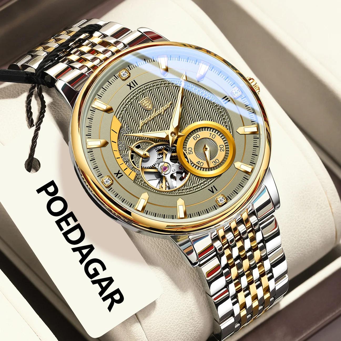 POEDAGAR haut de gamme homme montre-bracelet lumineux creux Tourbillon en acier inoxydable hommes ho