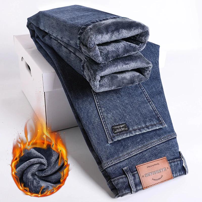 Jean épais et chaud en polaire pour homme, pantalon en Denim, Slim, droit, élastique, décontracté, à