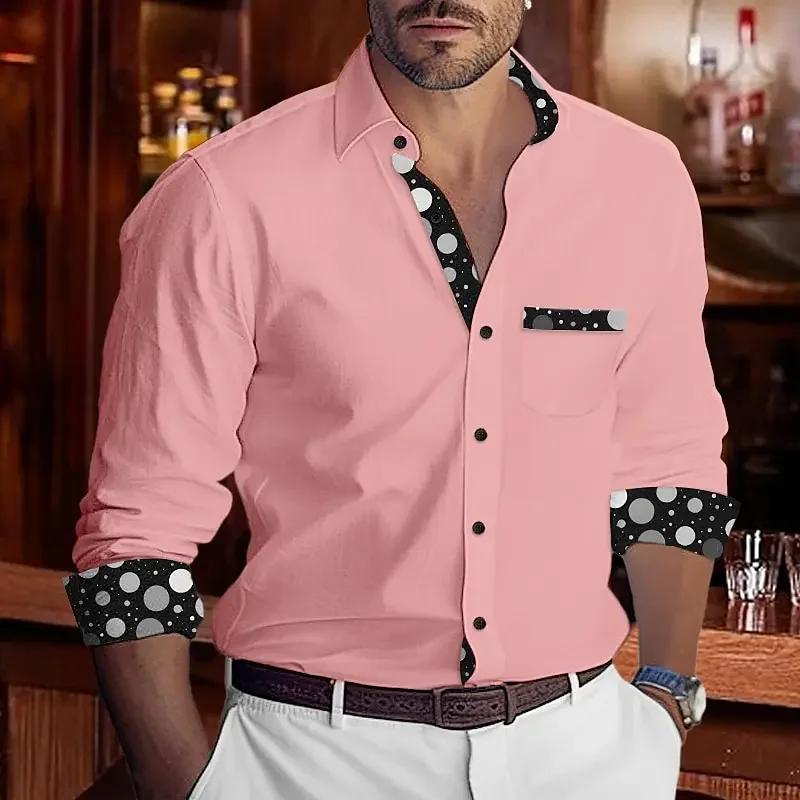 Chemises pour hommes, décontractées et confortables, manches longues, à pois, bloc de couleurs, reve