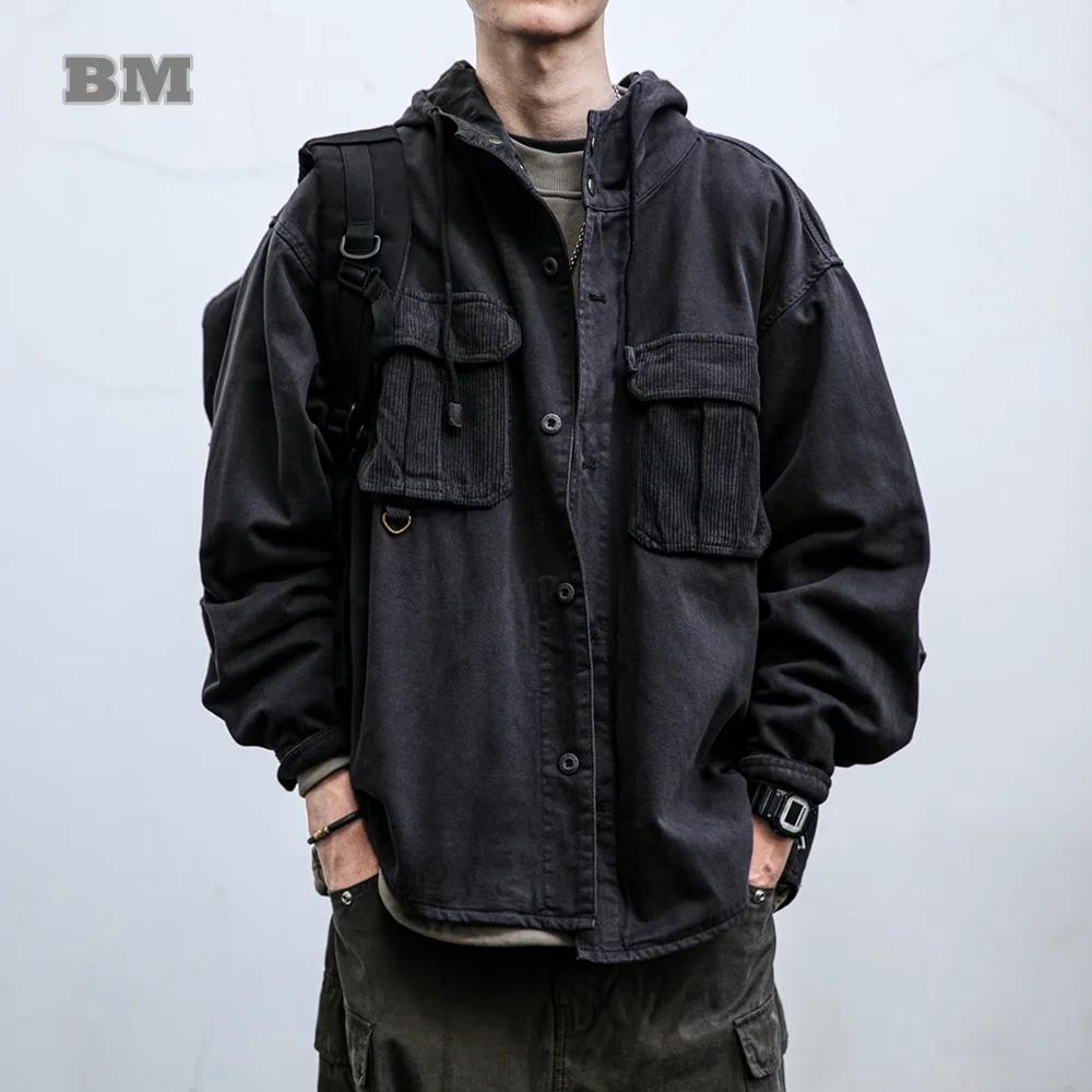 Veste à capuche vintage Harajuku pour hommes, manteau cargo décontracté, streetwear japonais, vêteme