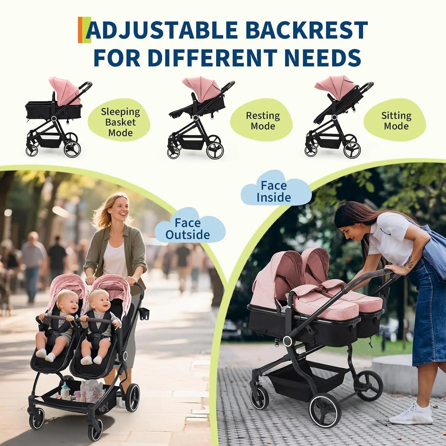 Poussette double côte à côte pour jumeaux, poussette de voyage légère et compacte pliable avec siège