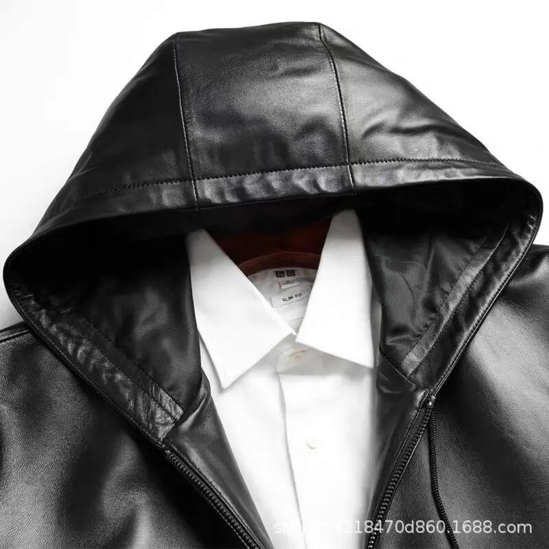 Veste en cuir véritable pour hommes, manteau court en peau de mouton avec capuche, vêtements décontr