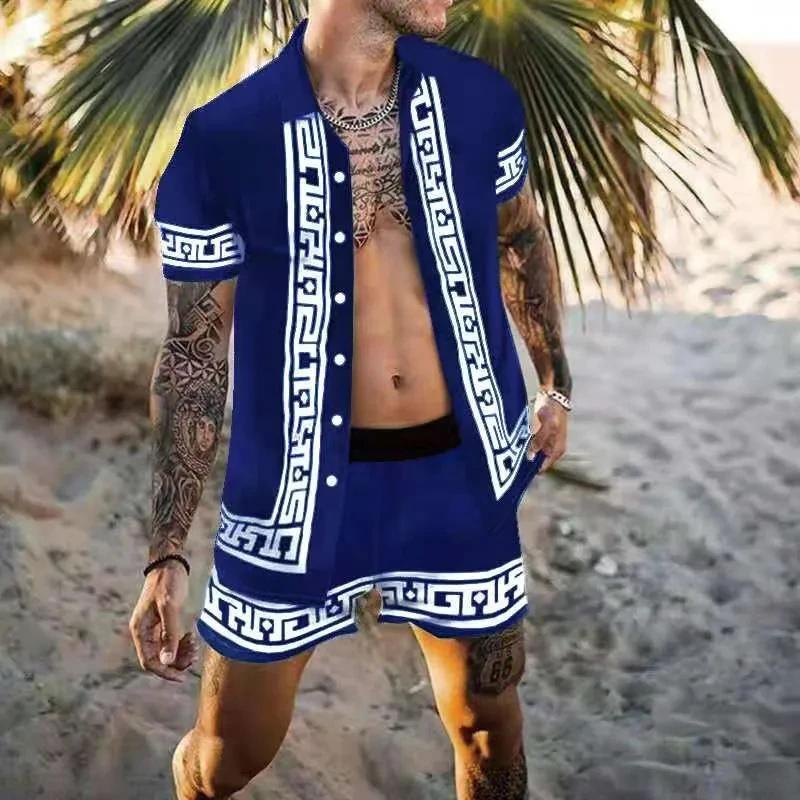 2024 été hommes de mode imprimé léopard à manches courtes chemise et shorts ensemble plage Style t-s