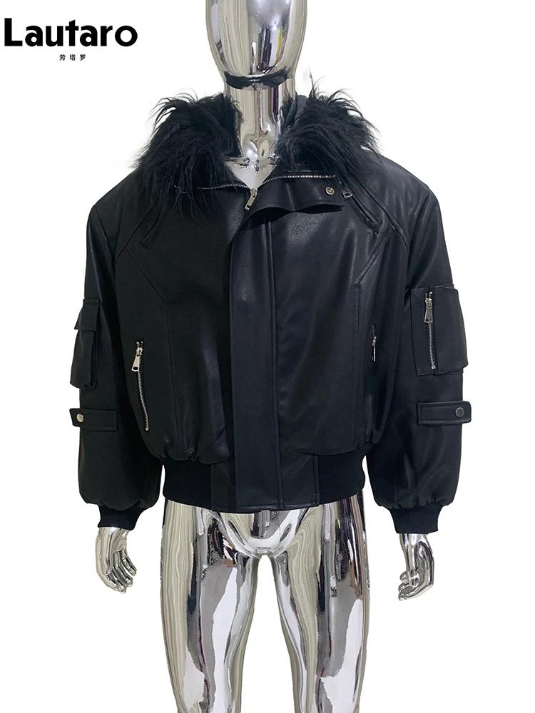 Mauroicardi automne hiver court surdimensionné noir chaud veste en cuir Pu hommes avec fausse fourru