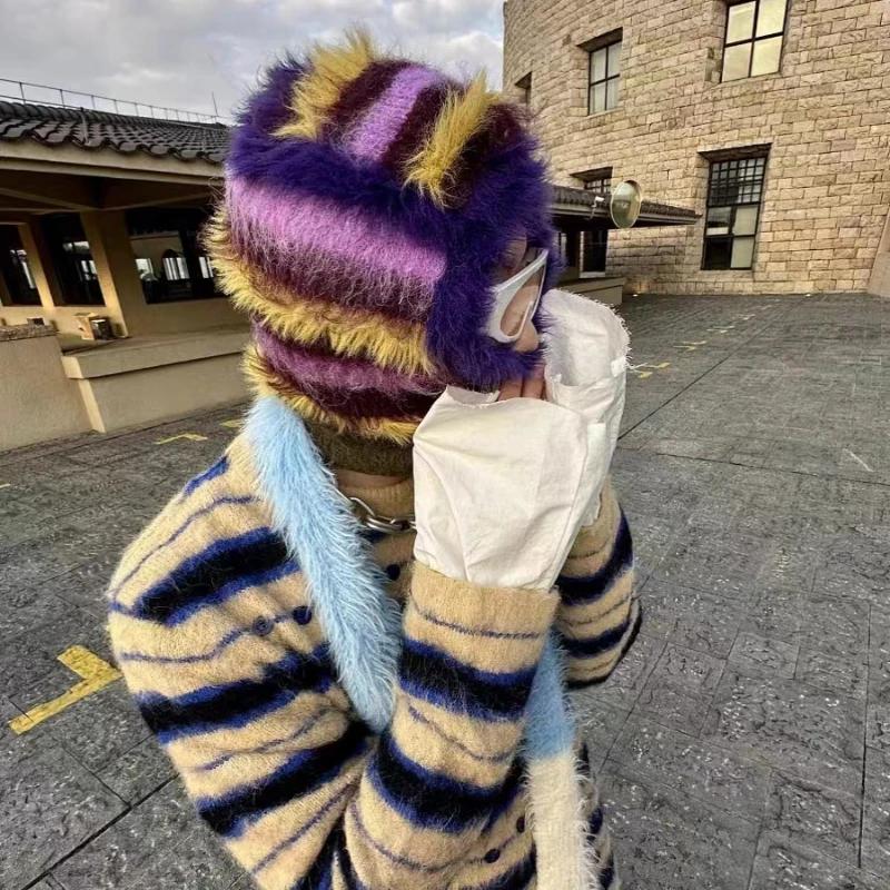 Cagoule en peluche mélangée de laine 2024, couleur contrastée, tricotée moelleuse pour femmes, prote