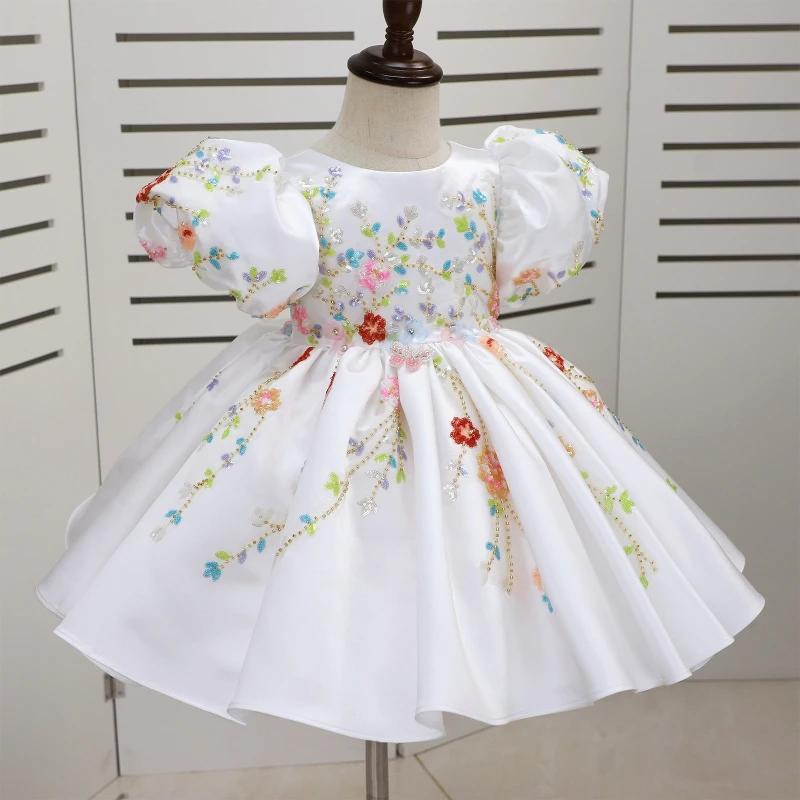 Robe de princesse blanche faite main avec appliques pour enfants, tenue de cérémonie pour filles, id