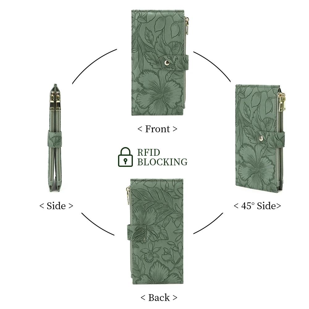 Portefeuille à fermeture éclair longue bloquant RFID pour femme avec doubles fermetures éclair et im