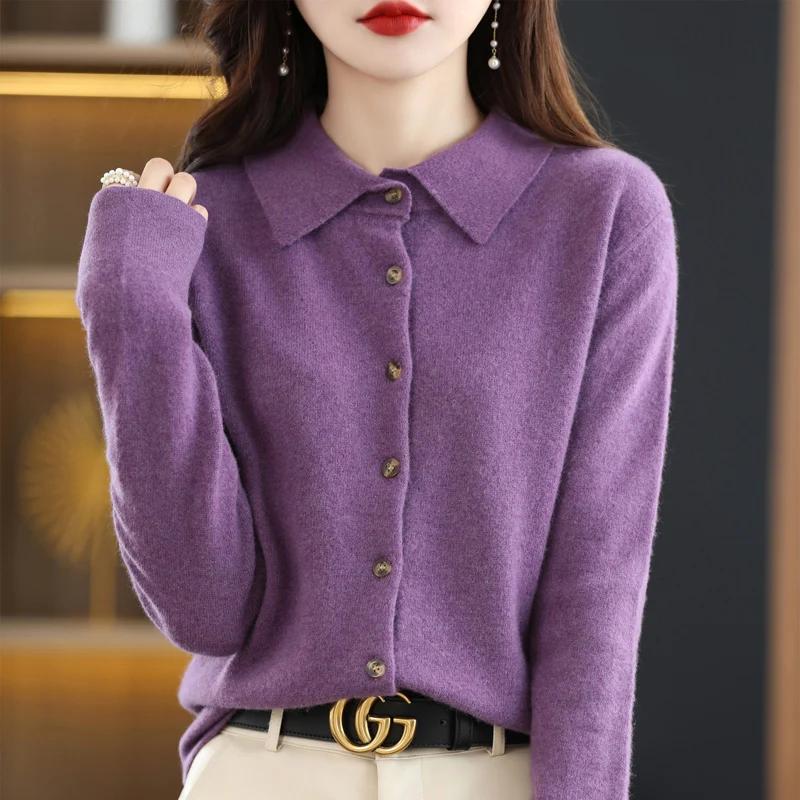 Cardigan tricoté à col POLO pour femmes, basique, polyvalent, veste en laine filée, élégant, pull à