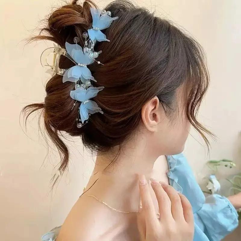 Pince à griffes papillon transparente bleu clair/rose | Pince à cheveux Fairycore en perles et str