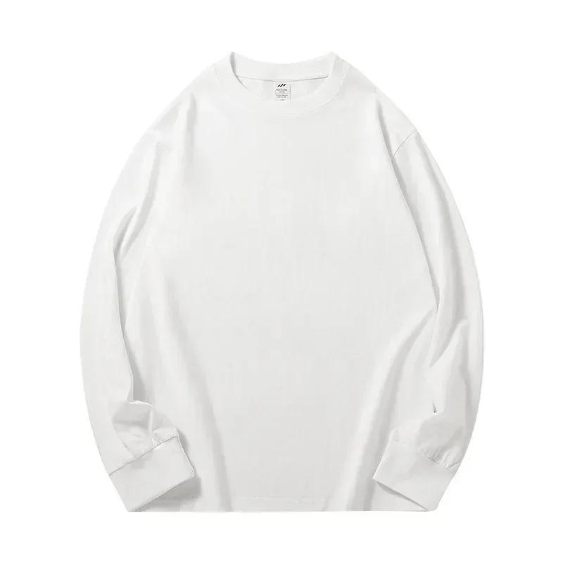 T-shirt à manches longues en pur coton robuste, 300g, haut blanc en peluche, couche de Base épaisse