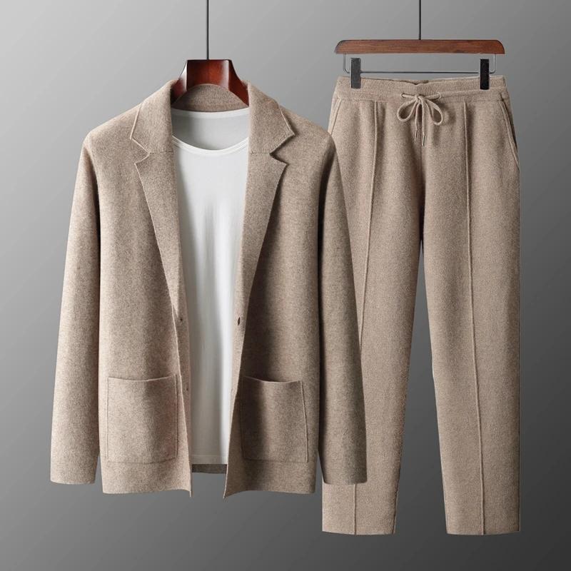 100% laine mérinos pull hommes costume col Cardigan pantalon ensemble intelligent tricots décontract