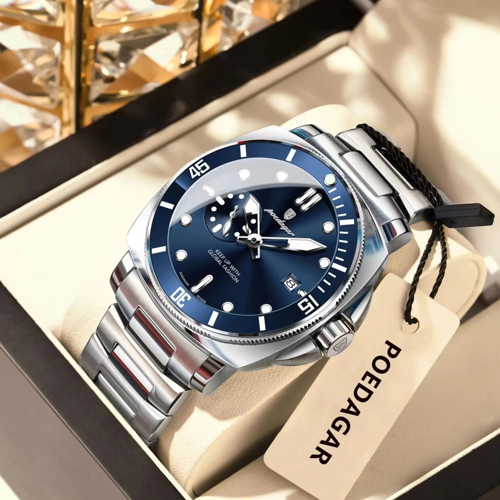 POEDAGAR haut à la mode montre de luxe pour hommes étanche lumineux Date montres pour hommes en acie
