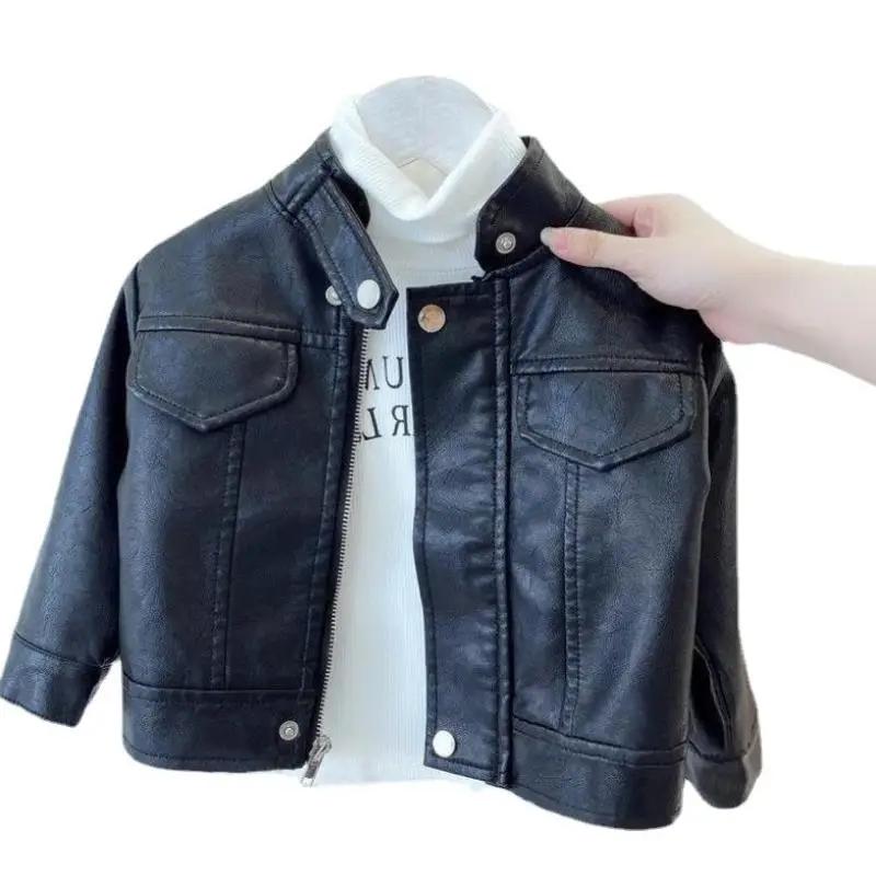 Veste en cuir coréen pour enfants printemps automne veste en cuir PU à col montant pour fille veste