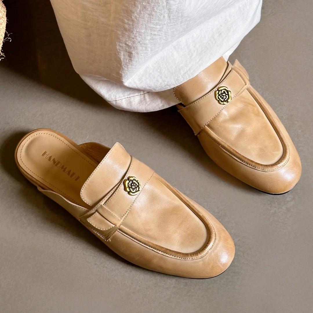 Sandales plates à enfiler en cuir de vache pour femmes, diapositives d'été de haute qualité, douces