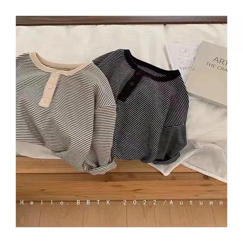 T-shirt à manches longues pour enfants, chemise à rayures coréennes pour garçons et filles, haut Sim