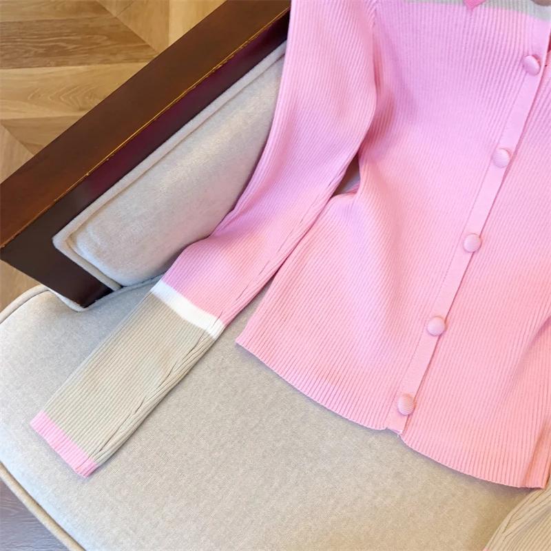  Cardigan ajusté doux en tricot, Style Blazer rose élégant, col contrasté, vêtements de bureau po