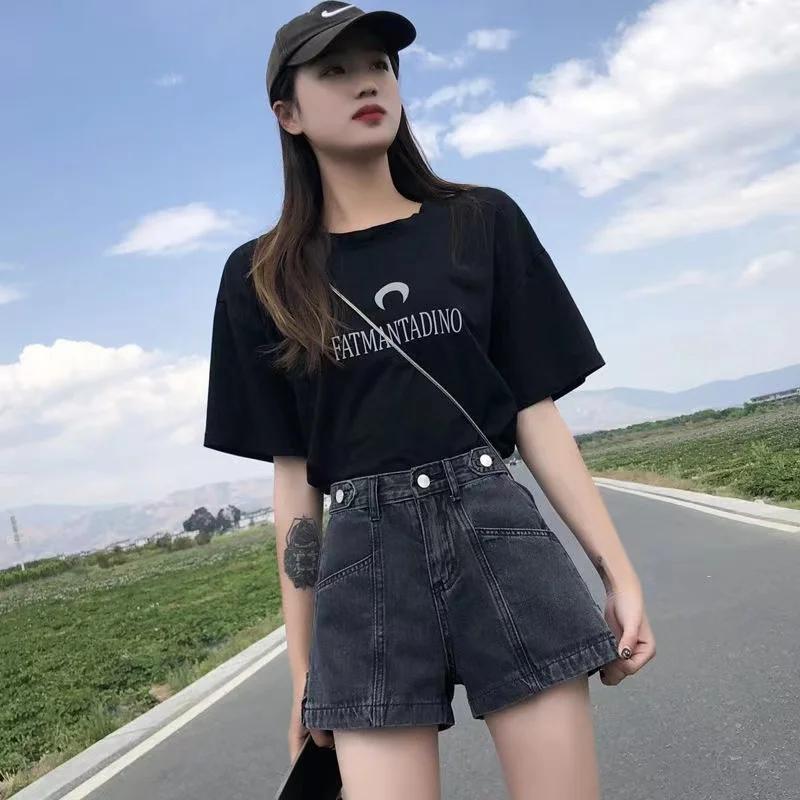 Shorts en jean noir Y2K coréen pour femme, taille haute, coupe trapèze, jambe large, amincissant, po