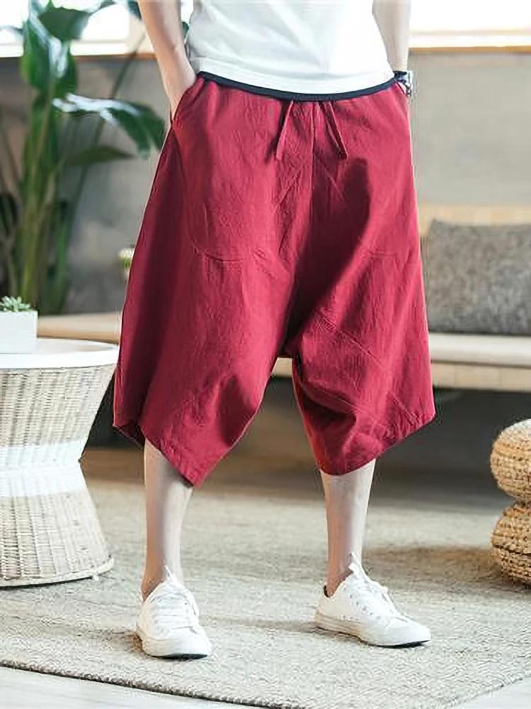 Été mince plage coton lin Shorts décontracté és hommes japonais jambe large Baggy Capris pantalon mâ