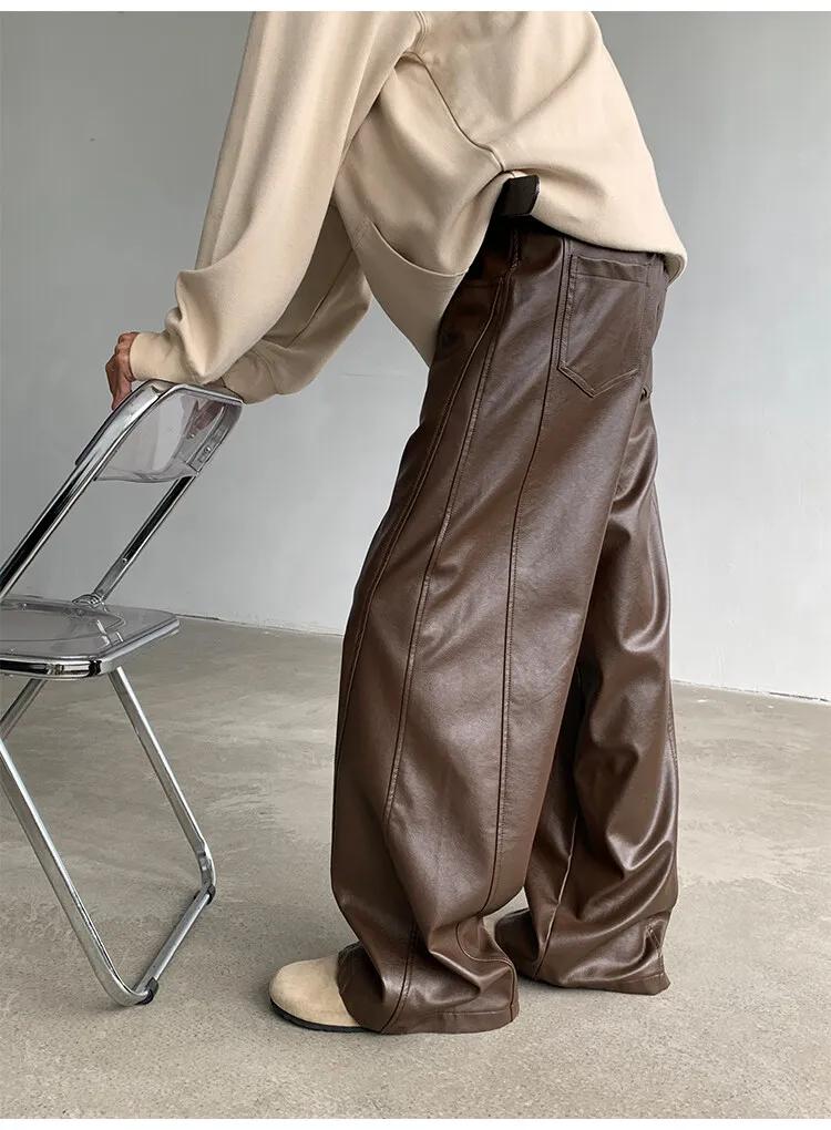 Pantalon droit en cuir PU pour hommes, mode punk, hanche, jambe large, vadrouille, coupe-vent, fjcd