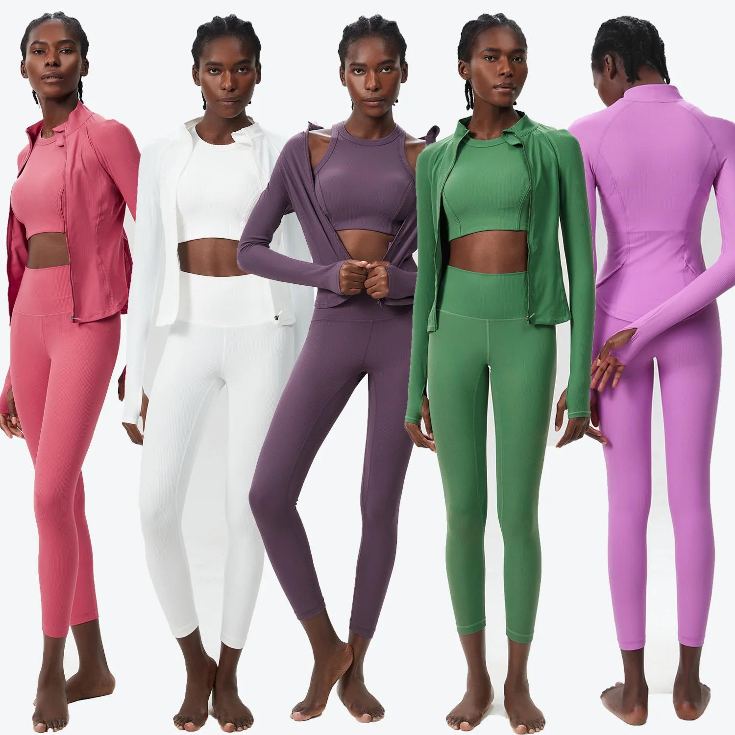 Ensemble de Yoga 3 pièces pour femmes, couleur unie, côtelé, combinaison de gymnastique, manches lon