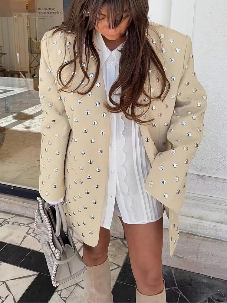 SLTNX Blazer décontracté pour femme avec décoration à rivets, manches longues, col en V, beige, mant