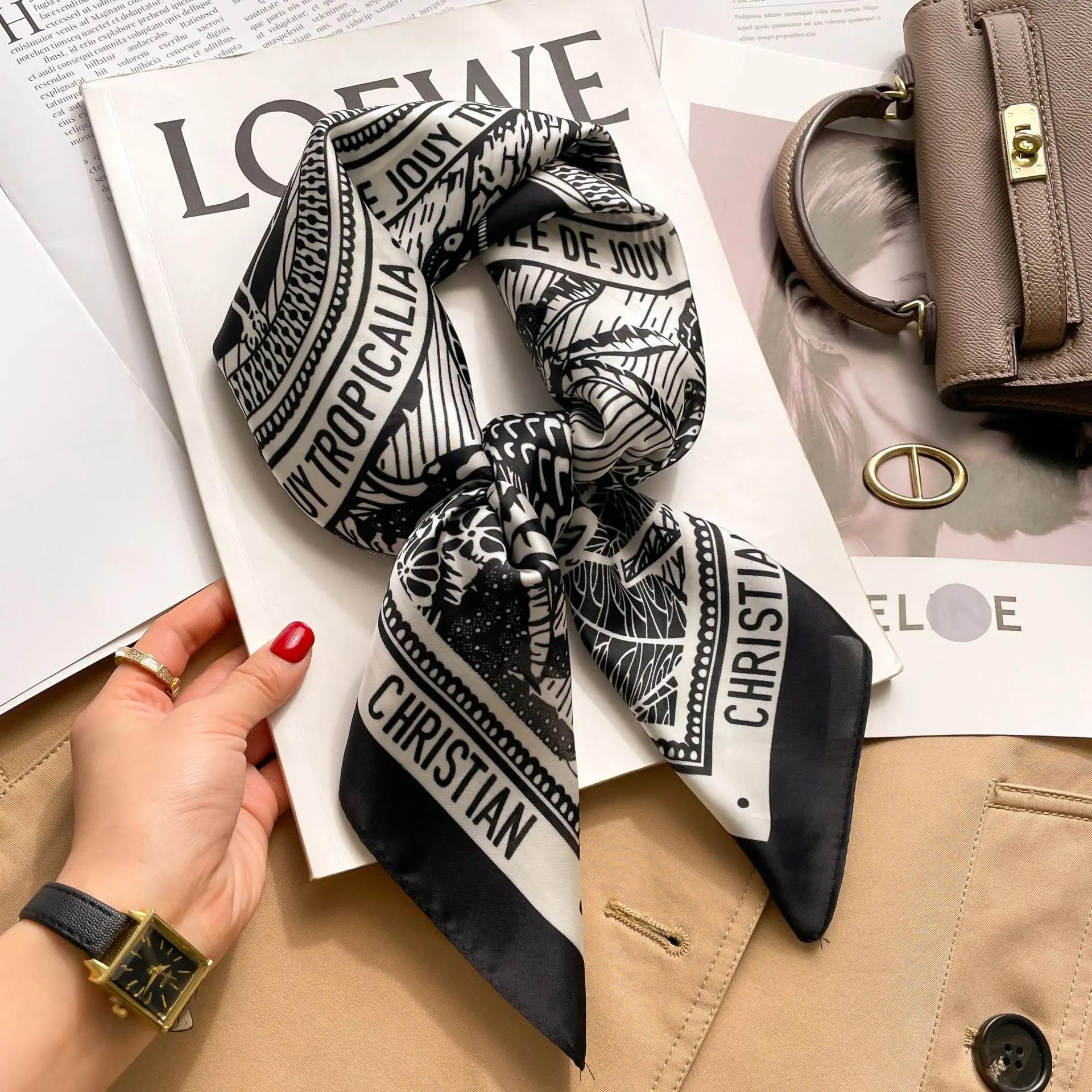 Foulard carré imprimé pied-de-poule pour femmes, 1 pièce, 70cm, lettres christiennes en soie, à la m