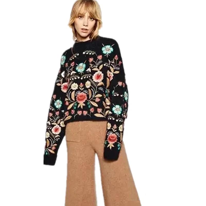 Pull Vintage brodé à col rond et fleurs pour femme, haut ample, coréen, à manches longues, à la mode