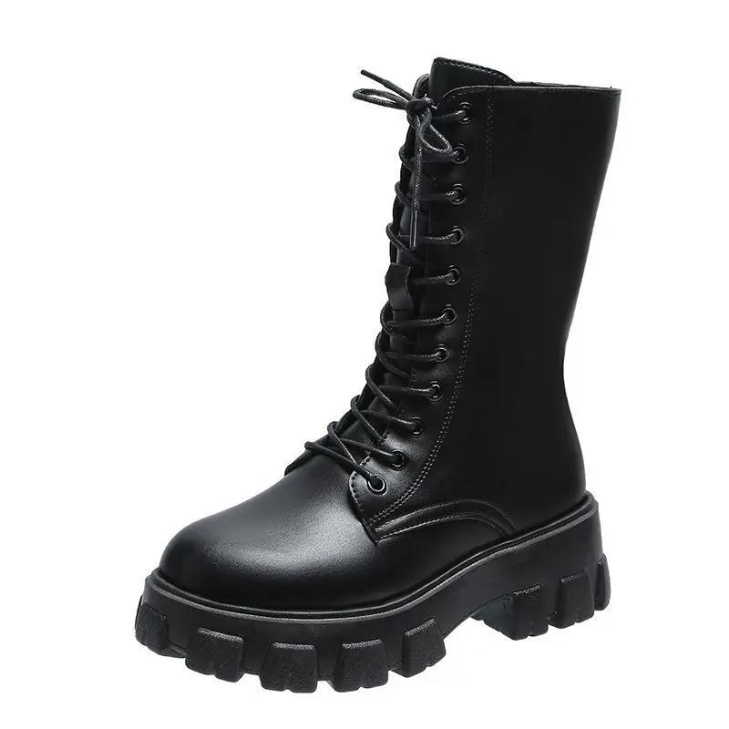 Nouveau mi-mollet bottes femmes automne hiver mode à lacets dames bottes plate-forme à glissière sem