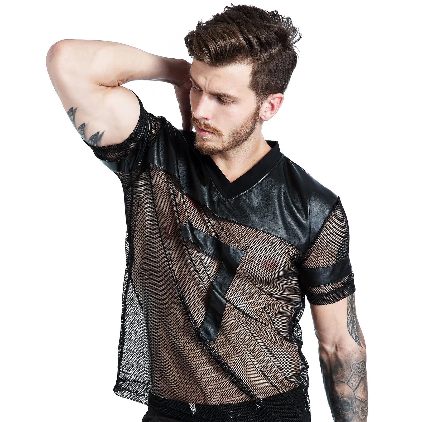 T-Shirt en résille pour hommes, Sexy, en Faux cuir PU, chemises en maille, hauts transparents, manch