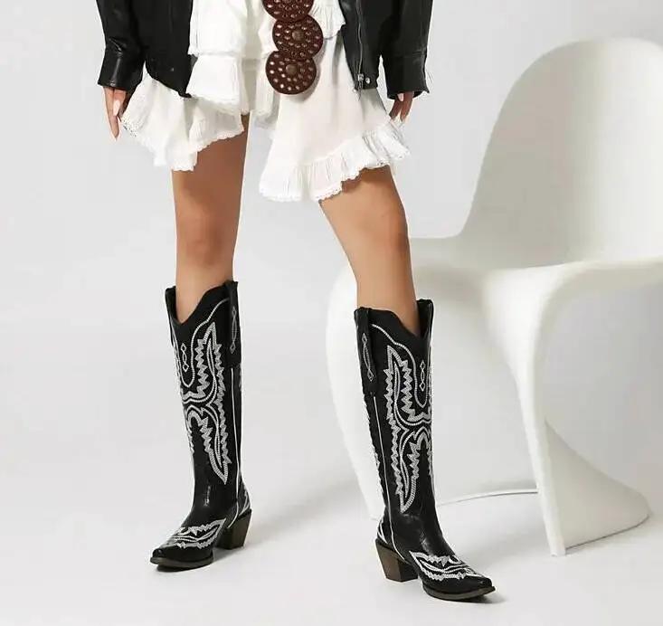 Bottes de cowboy brodées pointues, bottes western vintage, chaussures blanches, talons hauts, Parker