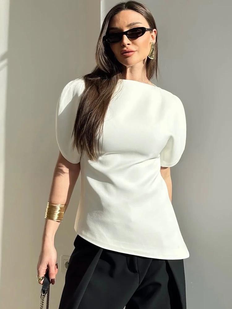 SLTNX T-shirts noirs décontractés et chics à manches courtes bouffantes pour femmes, hauts droits à