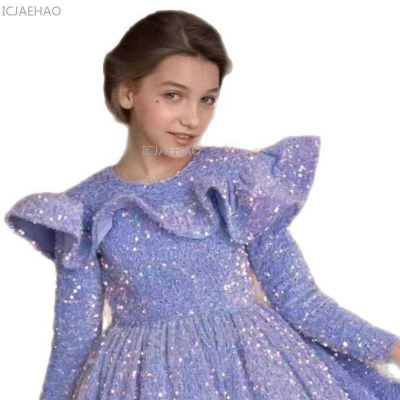 Robe de Princesse à Manches Longues et Paillettes pour Filles, Tenue de Cérémonie pour Fêtes du Nouv
