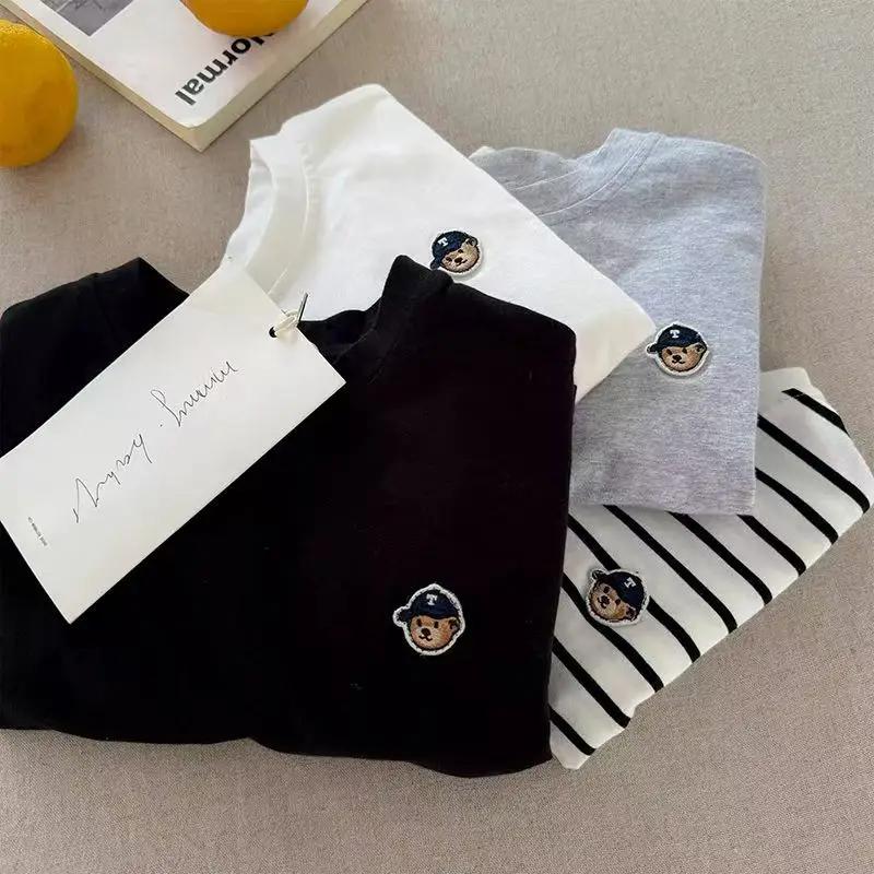 T-shirt à manches longues pour enfants, chemise de base respirante en pur coton, chemise de base ray