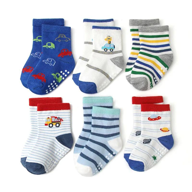 6 paires de chaussettes antidérapantes pour garçons et enfants, motif de dessin animé mignon, respir