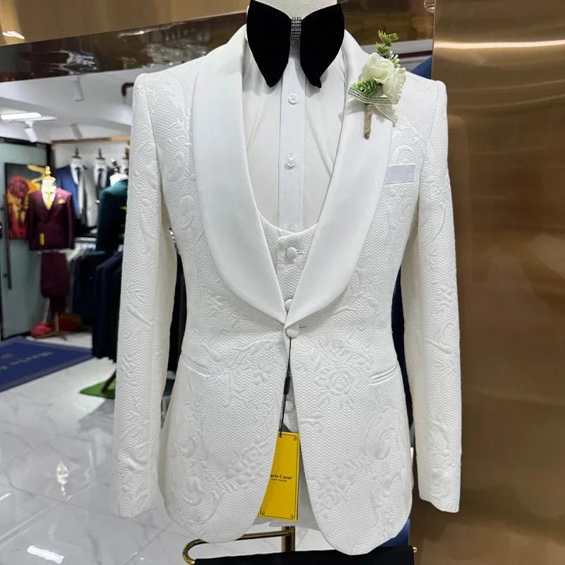 Costumes de mariage Thorndike pour hommes, jacquard blanc avec col en satin noir, smoking 3 pièces,