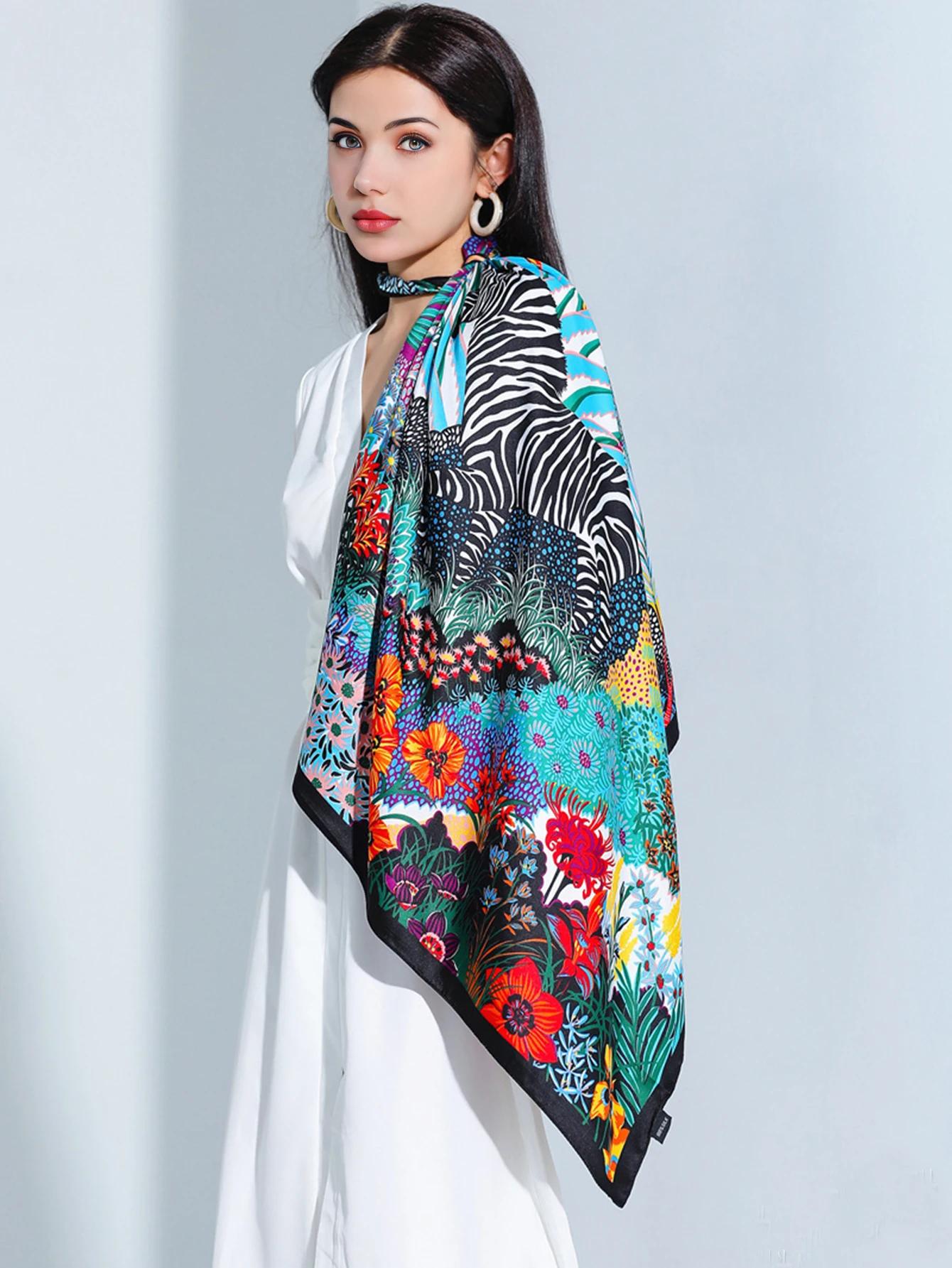 Marque de luxe carré Foulard en soie femmes Satin imprimé Hijab foulards musulman paréo Bandana femm