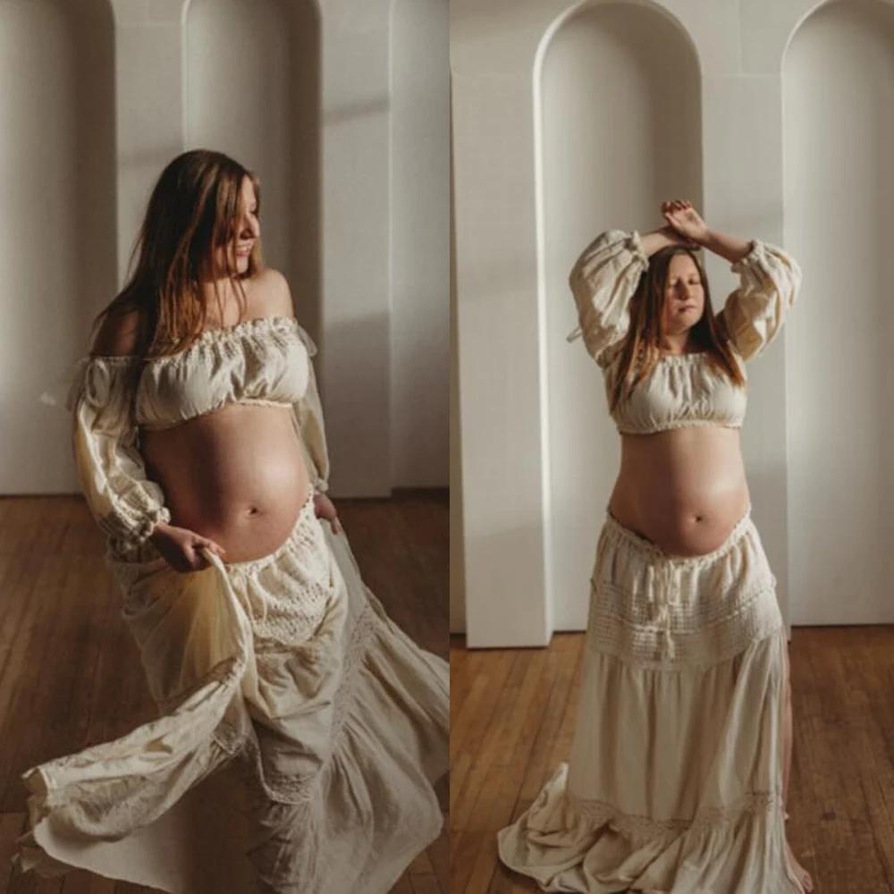 Robe de grossesse bohème pour séance Photo, asymétrique épaule dénudée, manches longues, deux pièces
