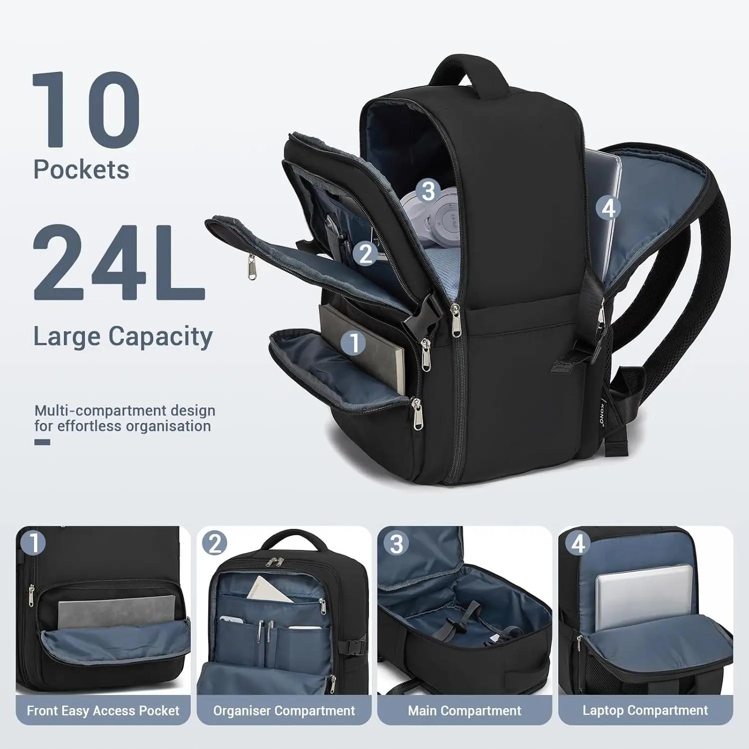Sac à dos KONO pour bagages à main 40x30x20, 40L, imperméable avec compartiment pour ordinateur port