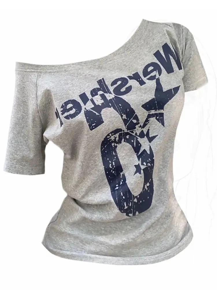 Été Y2k Sport épaules dénudées haut femmes Sexy Vintage années 2000 à manches courtes t-shirt dame c