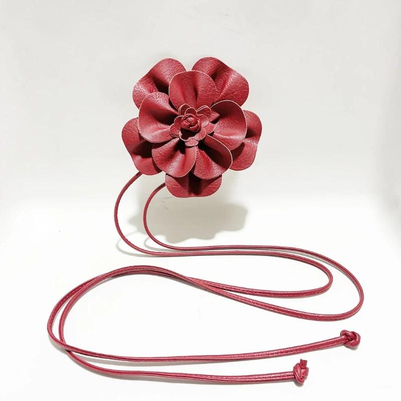 Ceinture de taille bohème en cuir PU – Grande ceinture enveloppante à cravate florale avec nœud pour