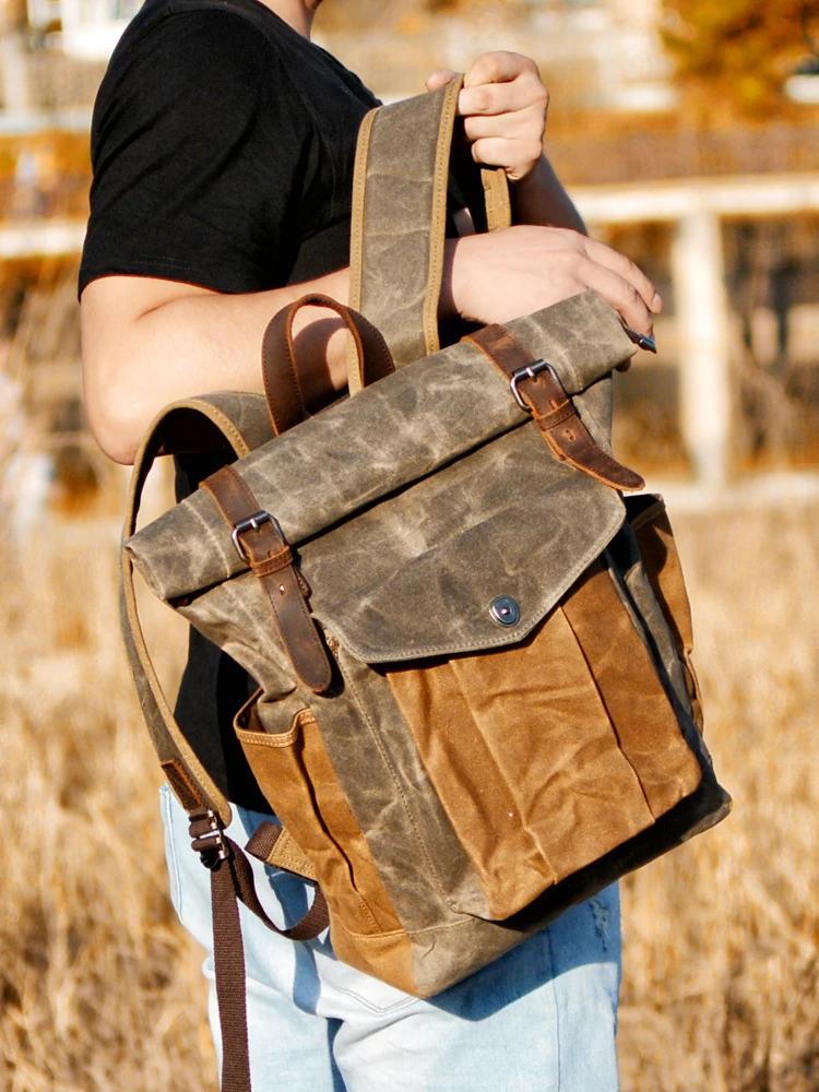 Sacs à dos en toile Vintage de luxe pour hommes, toile de cire d'huile, sac à dos de voyage en cuir,