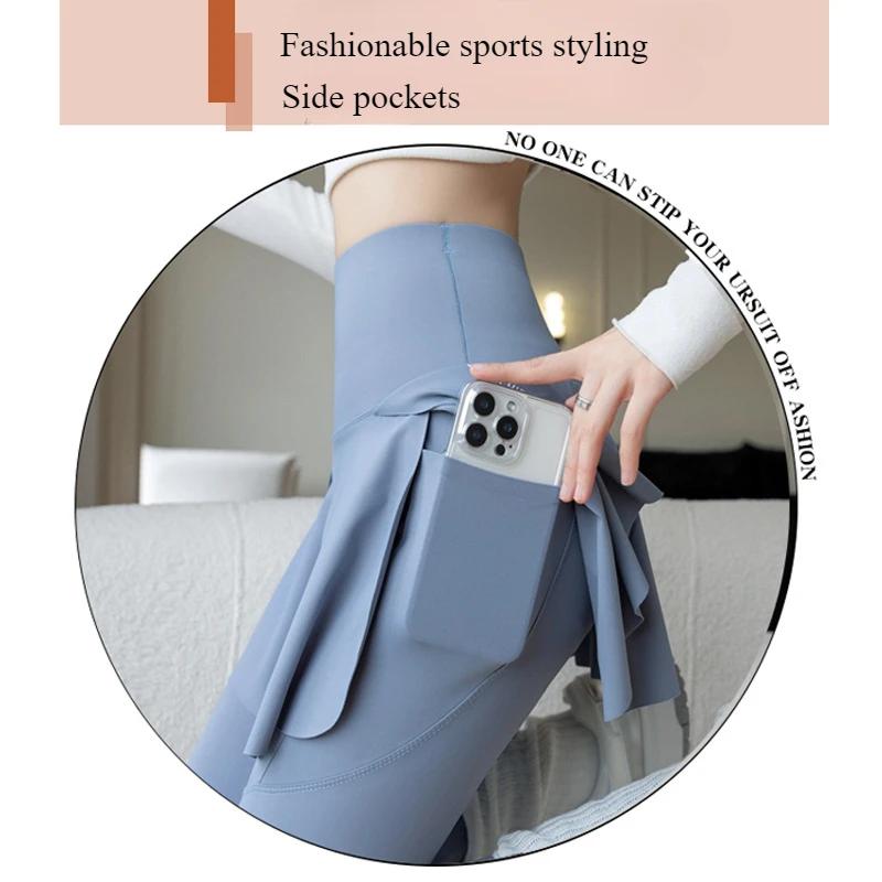 Faux Leggings deux pièces pour femmes, Leggings de Fitness sans couture, taille haute avec poche éla