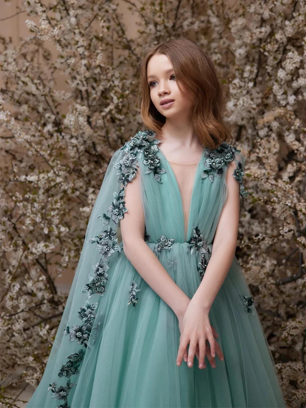 Robe de princesse pour enfants, élégante, verte, exquise, à fleurs 3D, avec cape, pour les filles, r
