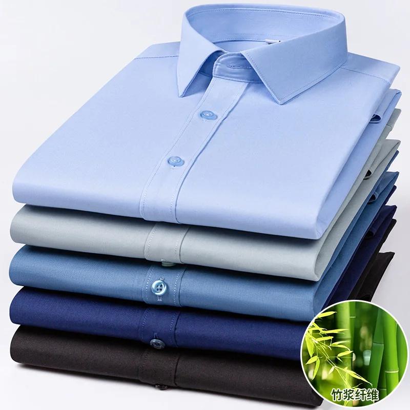Chemise extensible en Fiber de bambou pour hommes, manches longues, Anti-rides, sans repassage, Slim